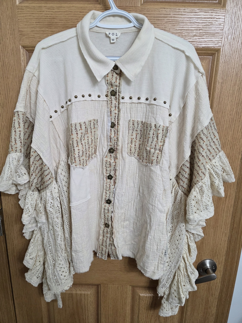 POL Cream Mixed-Texture Button-Down Top with Ruffle Lace Sleeves